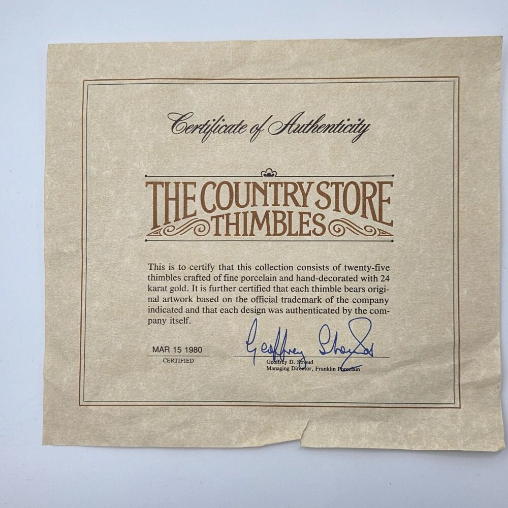 Country Store Advertising Thimbles Set of 25 and Info Cards W/ Wood Display Rack - Picture 4 of 16